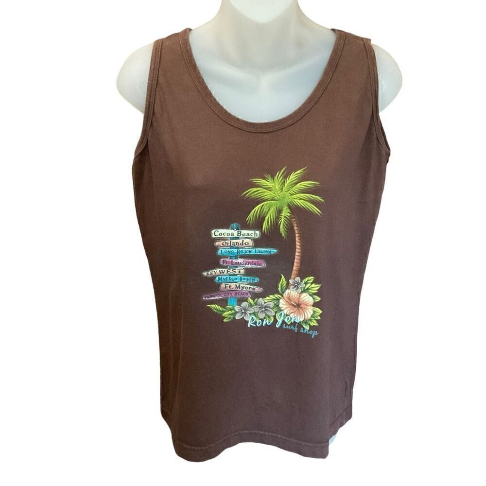 Ron Jon Tank Top Tee Shirt Palm Tree Street Sign Graphic Brown Multicolor Medium